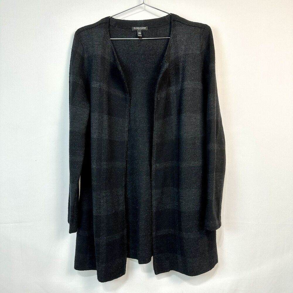 Eileen Fisher Grey/Charcoal Plaid Wool Open Cardigan Capsule Wardrobe M/P